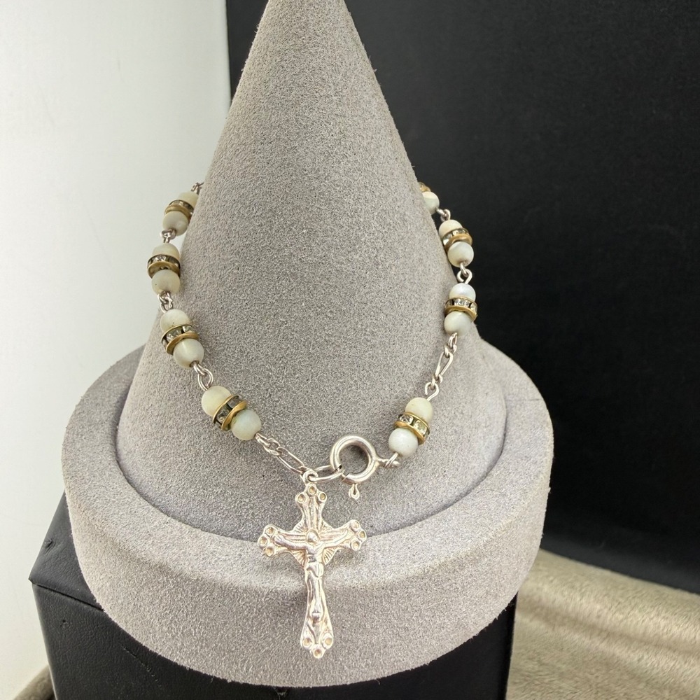 Vintage Beaded Travel Rosary Bracelet Rhinestone Mother of Pearl 7"